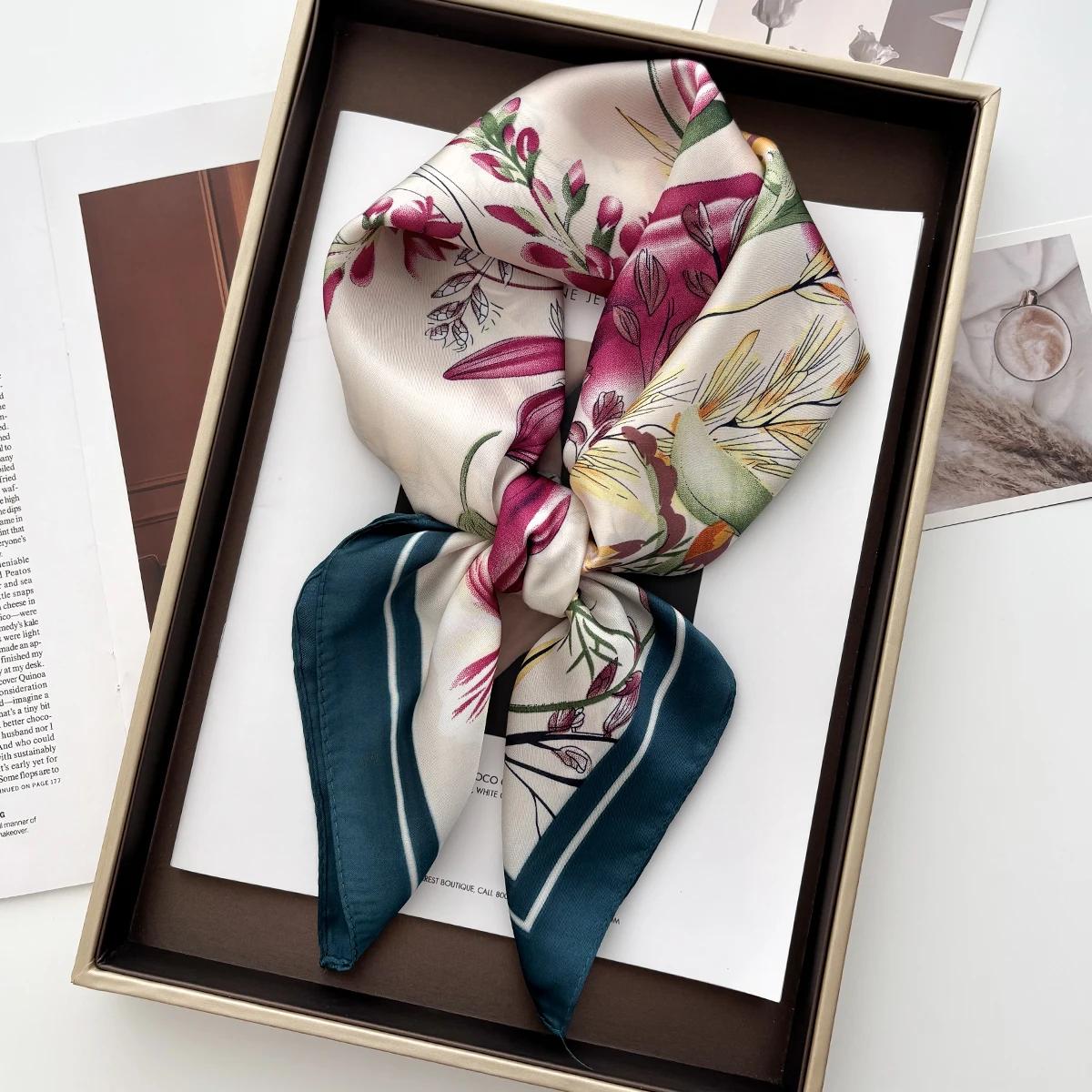 Fresh Elegant Print  Scarves Soft Satin Square Scarves Neckerchief Women Shawls Hijab Scarf Bandana 70X70Cm 70x70CM