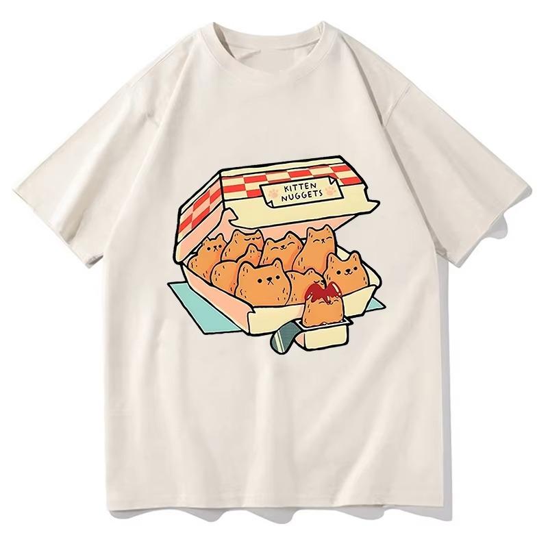 Nuggets di Gattino T-shirt Felici Donna Kawaii/carine T-shirt High Street T-shirt in Cotone Biscotti per Gatti Salsa per Immersione Manica Corta