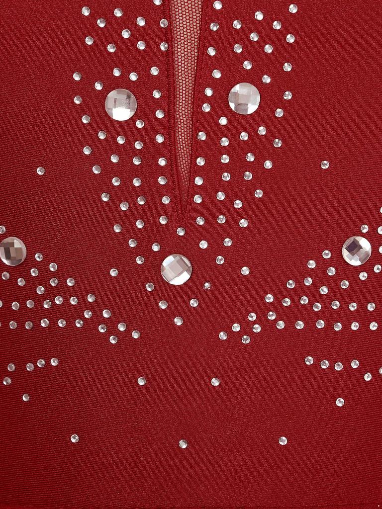 Dámské třpytivé šaty na lední tanec s kříženými ramínky na zádech, asymetrickým lemem, kamínky a bez rukávů, soutěžní outfit