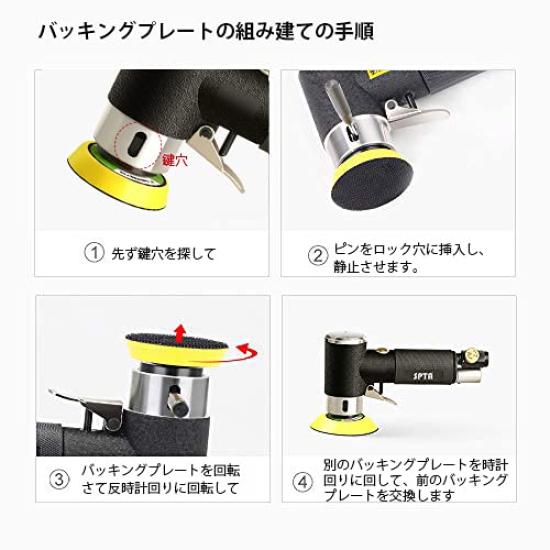 SPTA Air Angle Mini Pneumatic Hand Sanding Tool with and Grinding Random Orbital Air Sander with 9 Polishing 6 Wool and 18 Sanding Discs Sander,