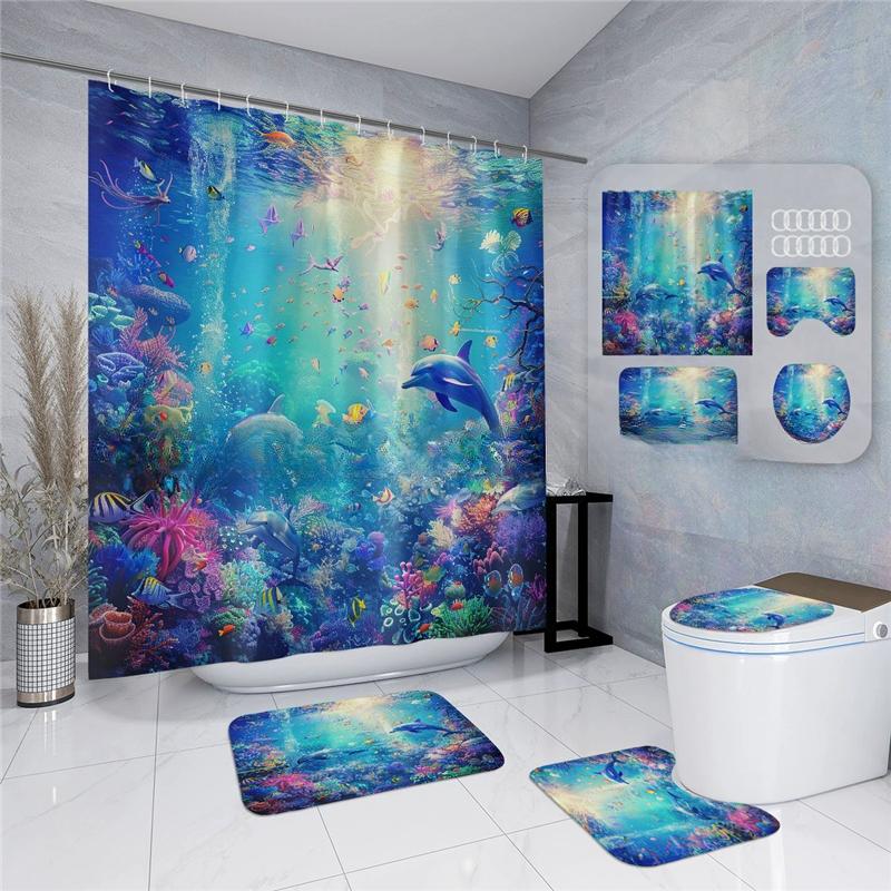 18 Colors 4Piece Marine Style Dolphin Waterproof Shower Curtain Set Anti-slip Mat Base Carpet Toilet Cover Pad Bathroom Kit