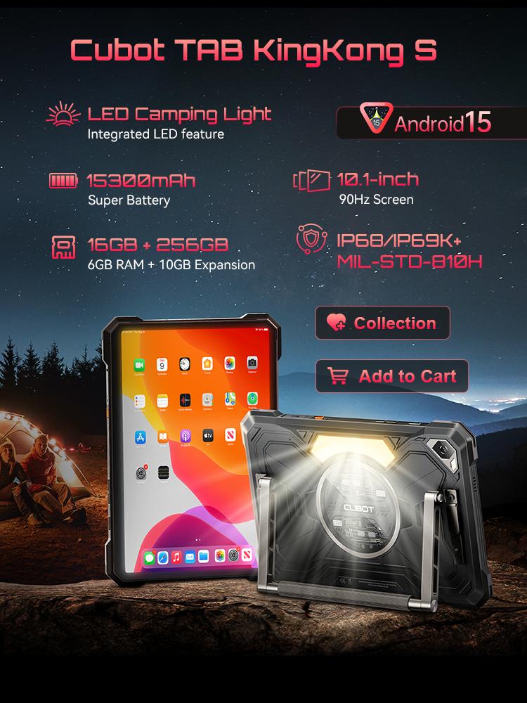 Cubot Tablet TAB KingKong S, Android 15, 15300mAh Baterie, 6GB+256GB, 10,1palcový 90Hz Displej, Kempingové Světlo, 48MP Fotoaparát