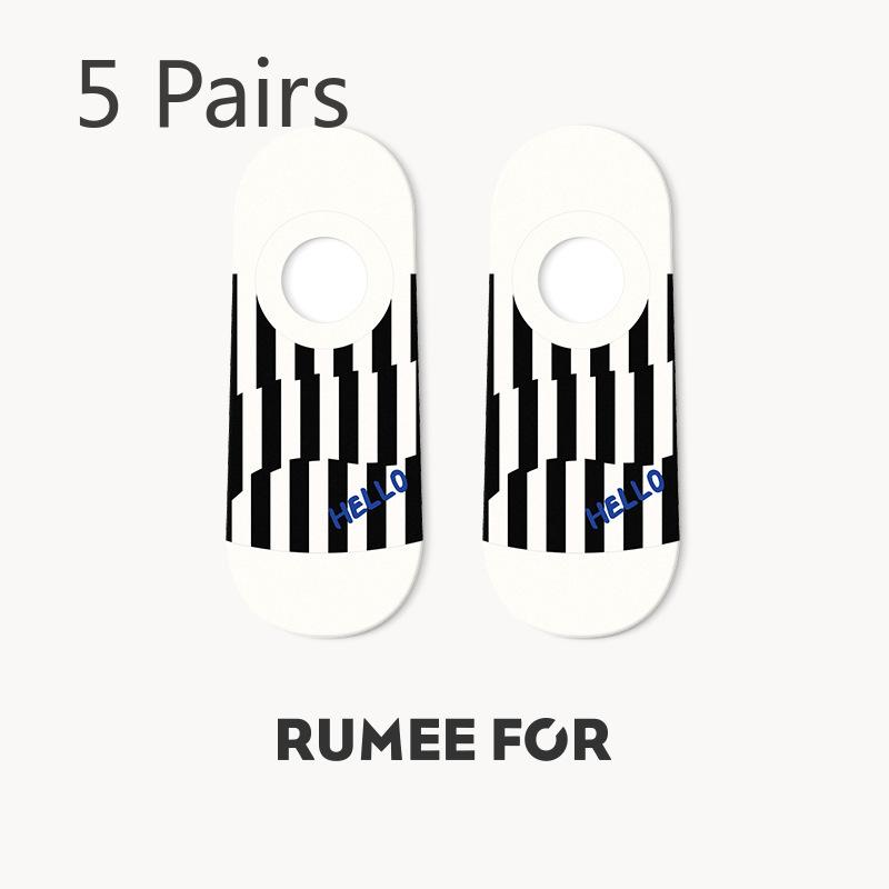 

5 пар женских летних тонких полосатых спортивных носков-лодочек с неглубоким носком, нескользящих и с отвисающей пяткой 5 Pairs чёрный/белый