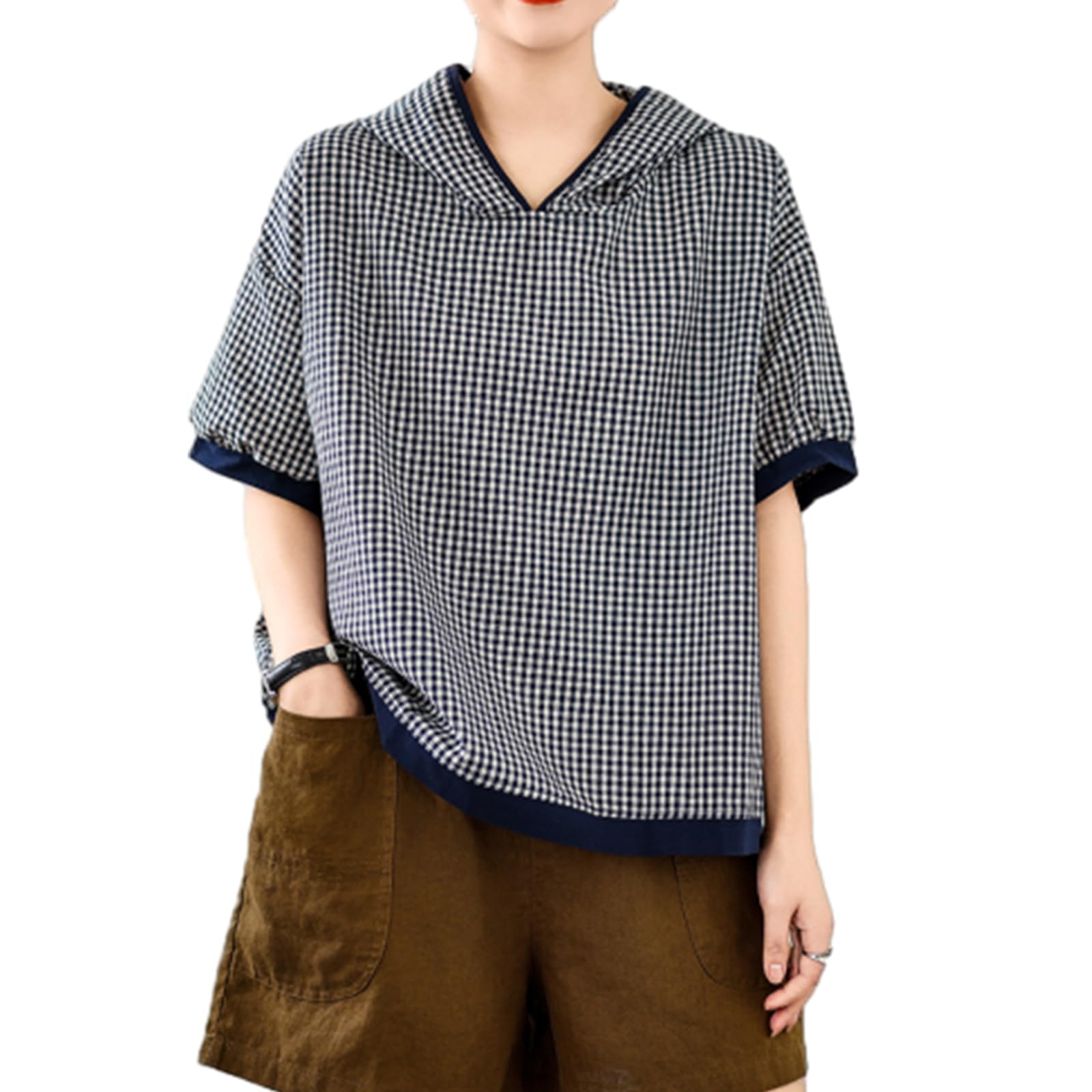 

Летний пуловер с коротким рукавом в клетку, в стиле мори-гёрл, для учениц средней и старшей школы, женская толстовка, футболка, с капюшоном, повседневный, топ,