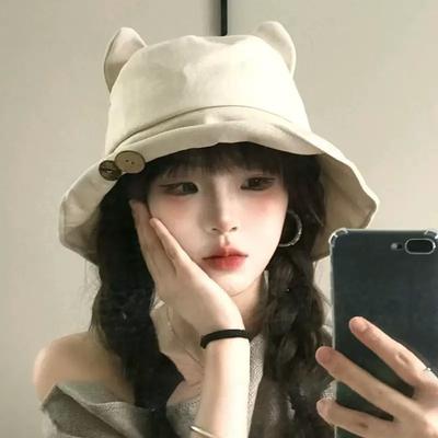 Cat Ears Button Bucket Hat Female Summer Cute Versatile Big Eaves Show Washbasin Hat Travel Sun Protection Hat