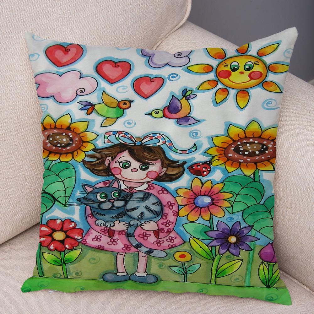 Children Oil Painting Art Cushion Cover Both Sides Plush Pillow Case Decor Cartoon Plant Throw Pillowcase for Sofa Home Car