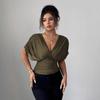 European and American Fashion Deep V-neck Puff Sleeve Fitted Waist Women's Top