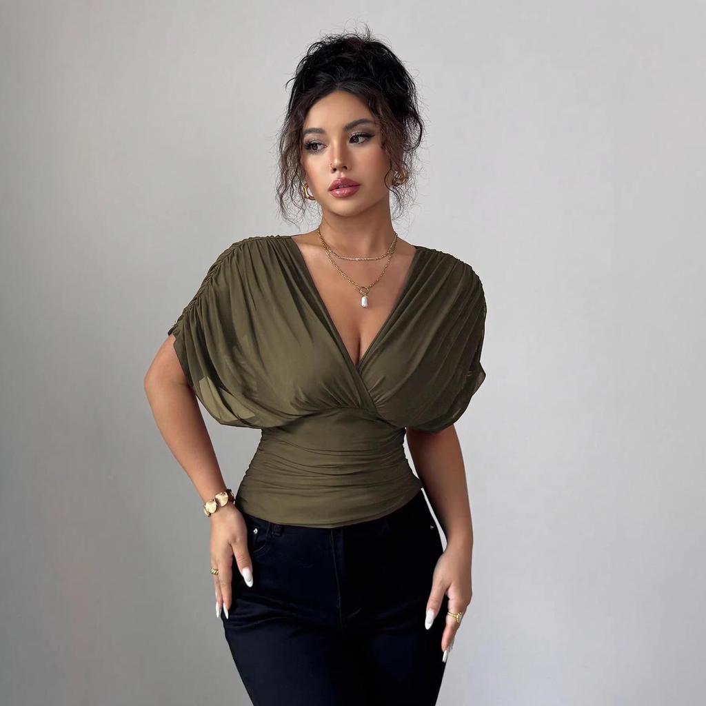 European and American Fashion Deep V-neck Puff Sleeve Fitted Waist Women's Top