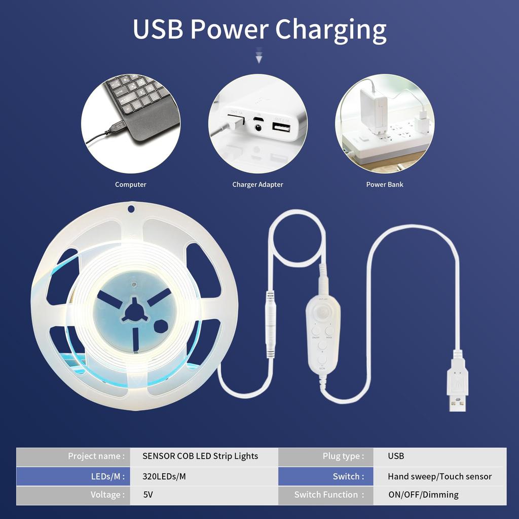 Clearhill Human Sensitive LED Tape Light Strip Light with Sensor Flexible 5M Natural White 4000K Powerful Width 8mm 320 USB Powered IP20 5V For Stairs