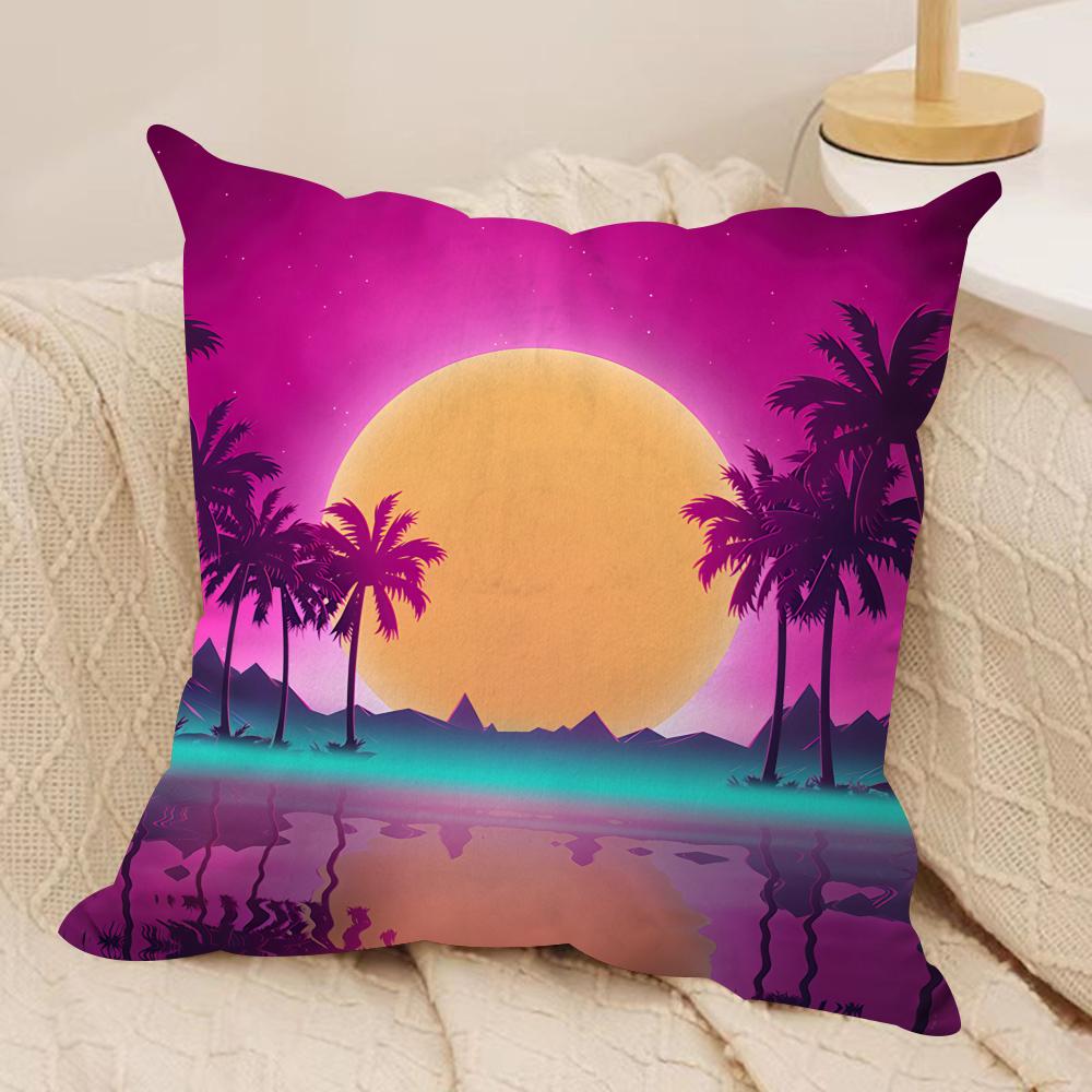Sunset Palm Tree Fashion Cushion Cover Silky Short Plush Invisible Zipper Dustproof Sofa Pillow Case for Home Decor
