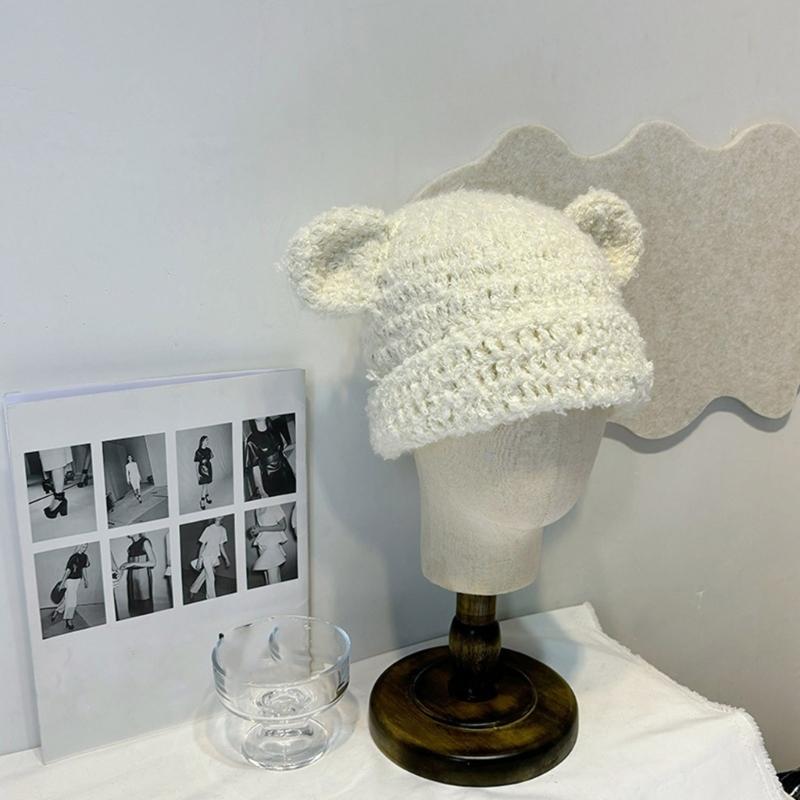 Multiuse Thicken Hat with Bear Ears Winter Warm Brimless Hat Windproof Skull Hat for Outdoor Cycling Camping