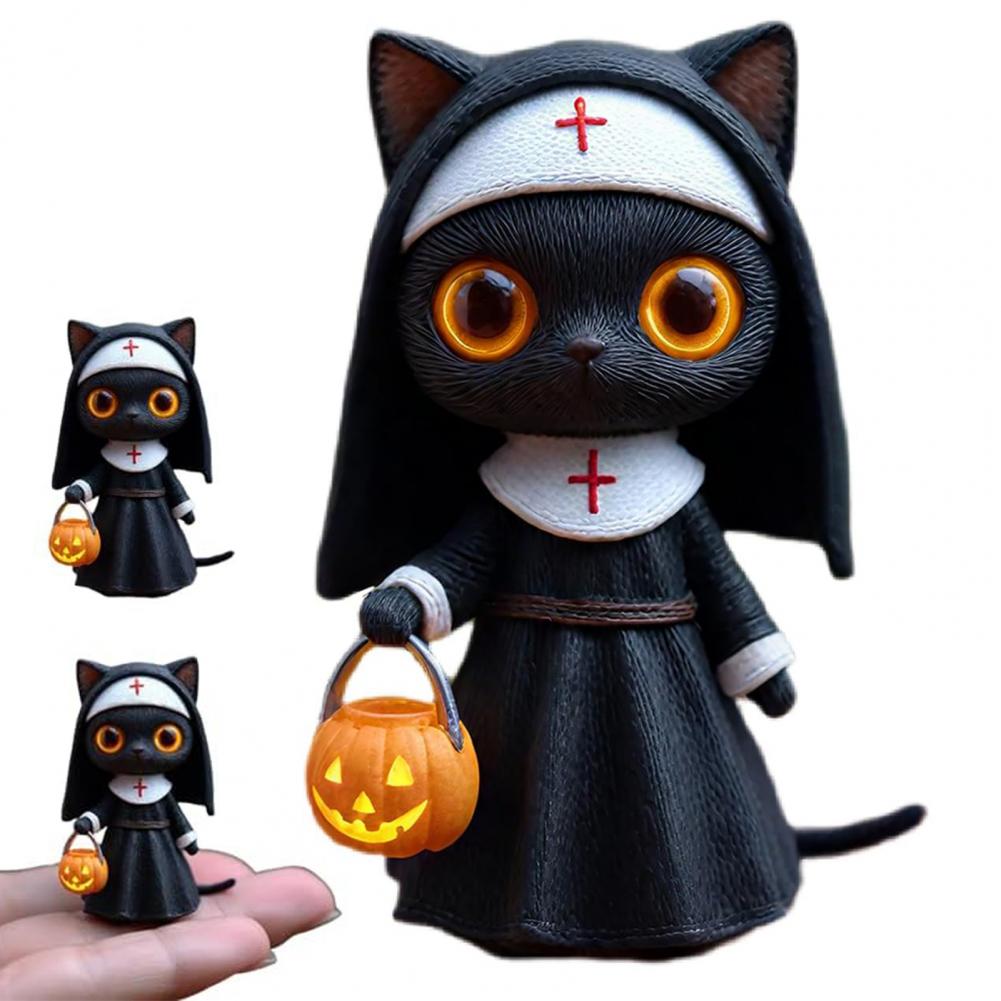 Nunnekatt Skulptur Halloween Nunnekatt Figur med Pumpahink Svart Katt Staty Fantasy Samlarobjekt Skulptur för Älskare