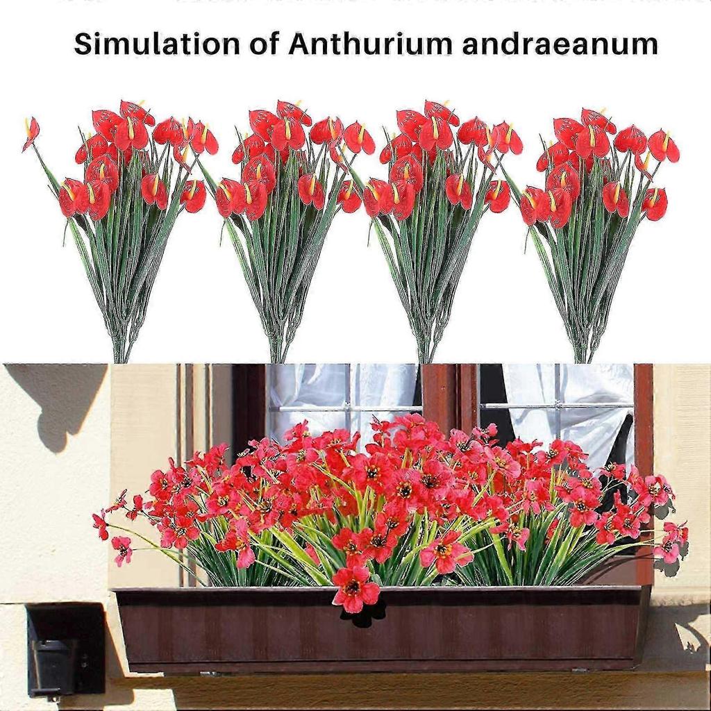 4 Bunches Artificial Fake Flowers Faux Anthurium Plants Plastic Shrubs Bushes Greenery Indoor Outsi 25-26s
