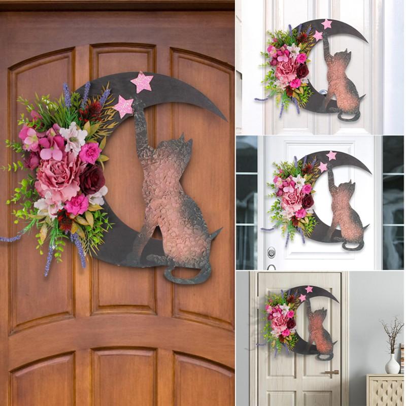 Halloween Cat Wreath Crescent Moon Home Decor Lovers Party Supplies
