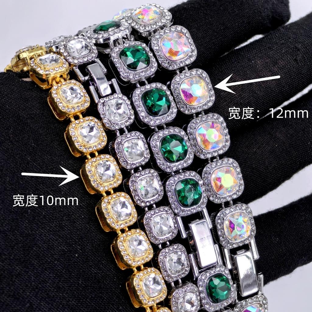 Men'S Square Glass 12Mm Hand Necklace Rock Sugar Chain Hip Hop Style Male Alloy