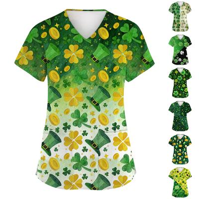 Damenmode Kurzarm Ärmel St. St. Patrick's Day Print V-Ausschnitt Tasche Workwear Oberteil