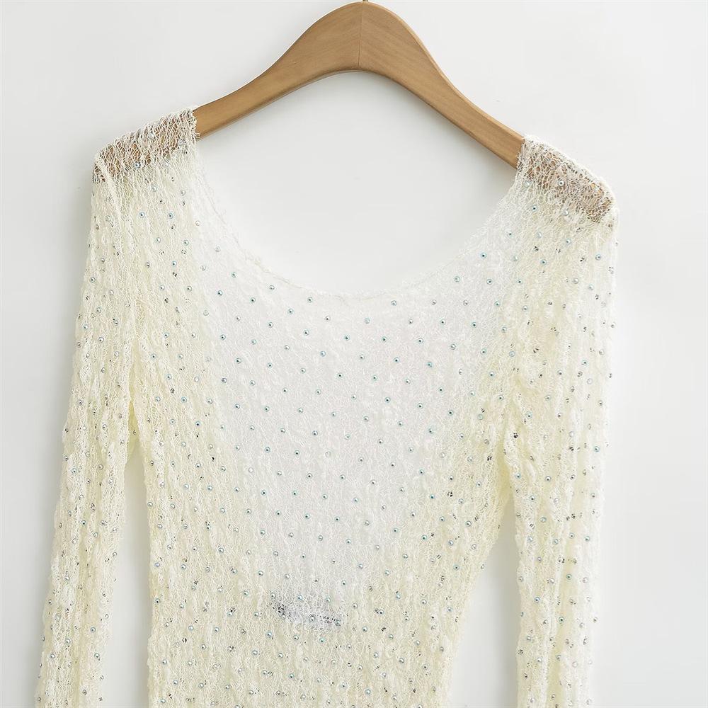 2025 Spring Women's Rhinestone Lace Long-Sleeve Slim-Fit T-Shirt