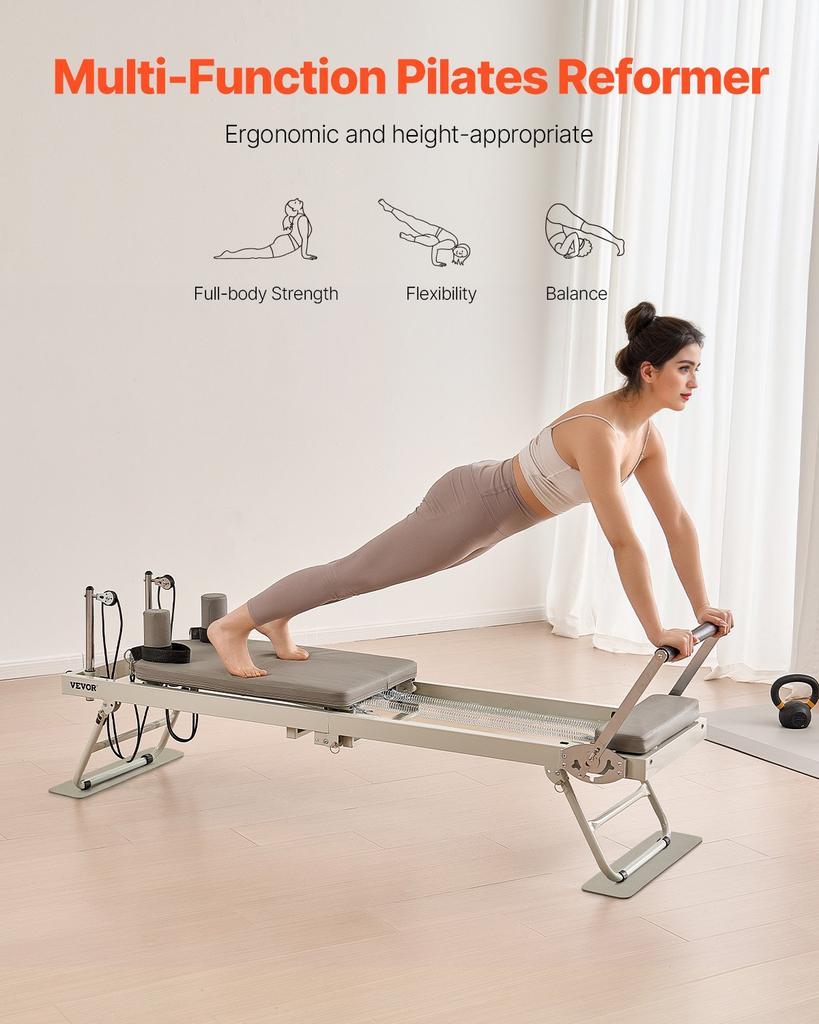 VEVOR Foldable Pilates Reformer, Pilates Workout Machine for Home Gym Studio Use, Pilates Bed with Dual Resistance- Spring & Cord