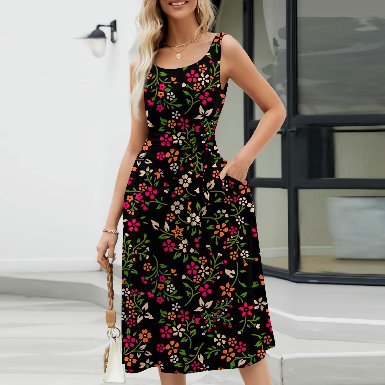 

Женское летнее пляжное свободное платье трапециевидной формы средней длины с круглым вырезом и без рукавов, платье-жилет с карманом на шнуровке и цветочным принтом XXL чёрный