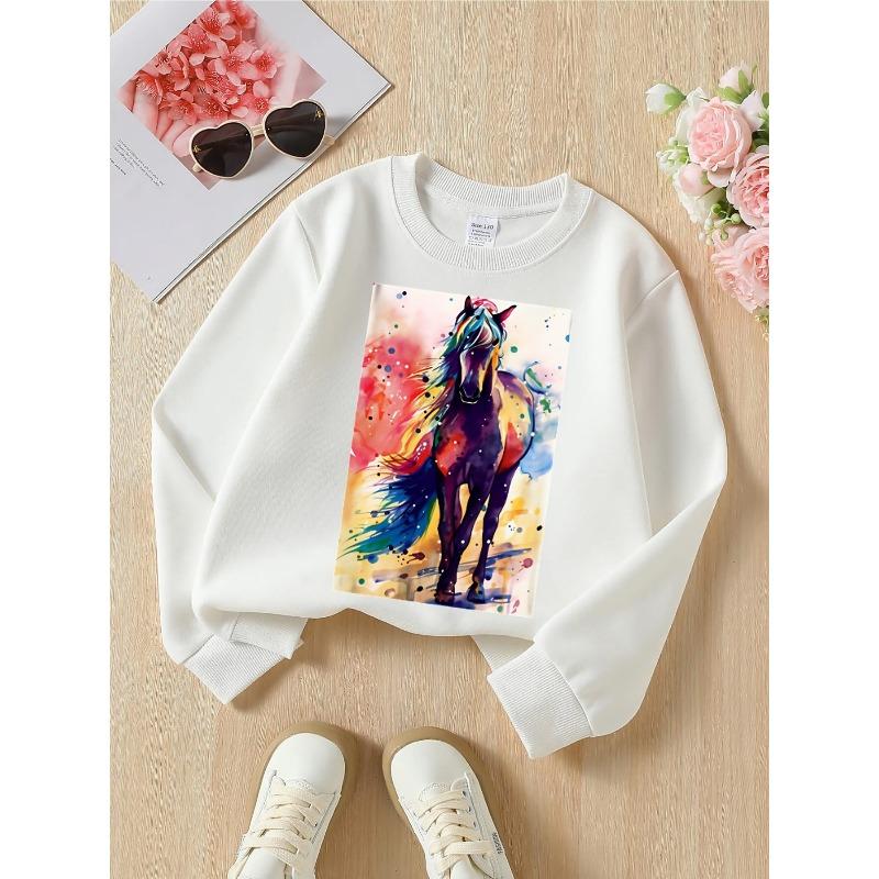 Kids Unisex Crewneck Sweatshirt, Colorful Watercolor Running Horse Splash Ink Print Soft Fleece Pullover For Kids Over 4 Years Old