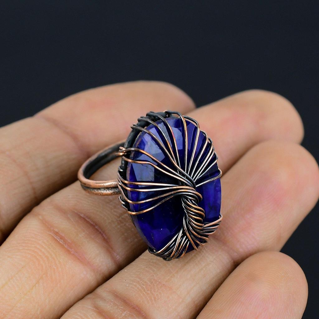 Anillo de zafiro azul creado en laboratorio, envuelto en alambre de cobre, joyería hecha a mano, todos los tamaños para ella