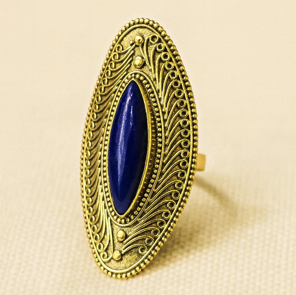 Pure Brass Marquise Cut Lapis Lazuli Gemstone Ring, Adjustable Cocktail Ring, Ornate Ethnic Filigree Detail Jewelry