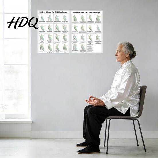 Tai Chi Poster for Seniors 2Pcs Chair Workout Posters Seated Exercises Chart 30-Day Strength Building Guide Beginners Home Gym Decor