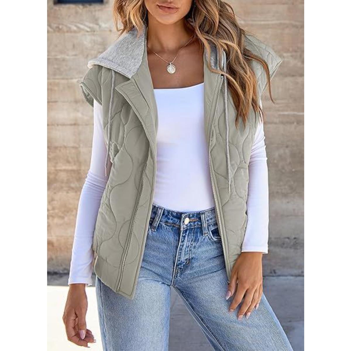 

2025 New Arrival Women s Color Block Sleeveless Jacket Autumn Casual Drawstring Hooded Vest Ladies Fashion Outerwear S сірий колір