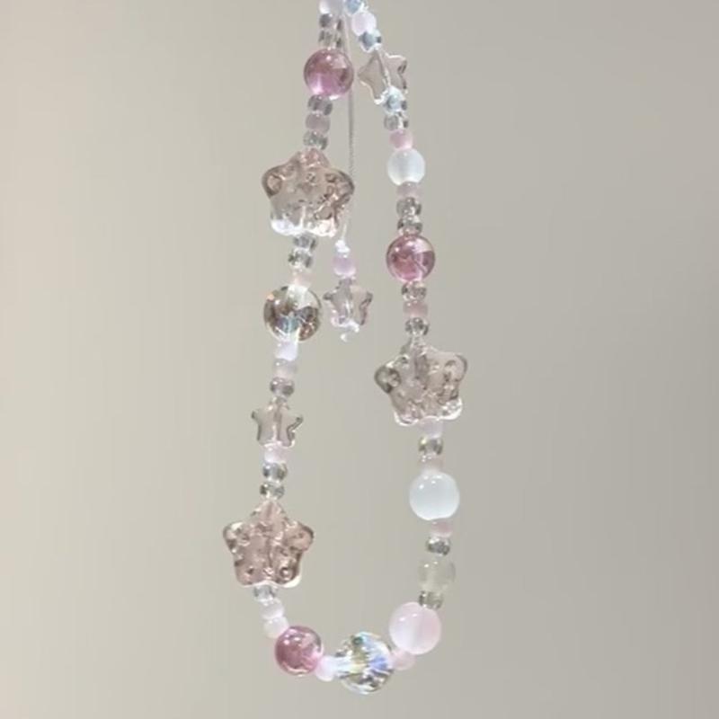 Sweet Clear Star Bead Charm Pendant Chain Phone Strap Pocket Keychain Strap Hangings Decoration for Key Bag Purse