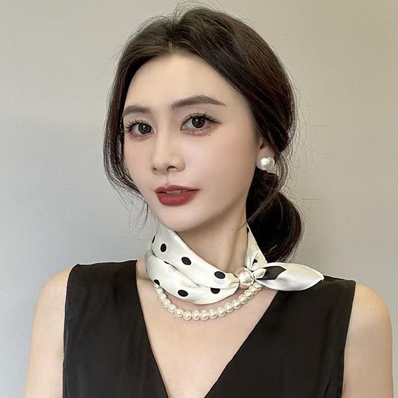Elegant Satin Neck Scarf for Women with 2 in 1 Pearl Chain Necklace Buckle Lightweight Soft Shawl Gift for Party Office Wear