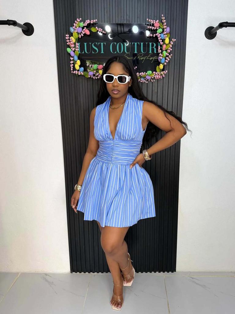 Spring New European and American Women's Fashion Striped Sleeveless Waist-cinching Large Hem Short Dress