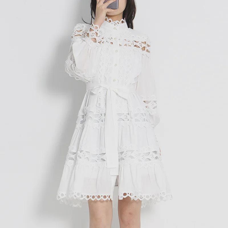 Elegancka Spódnica A-Line Jednokolorowa 2025: Modna sukienka damska z kołnierzykiem stojącym i wycięciami w talii