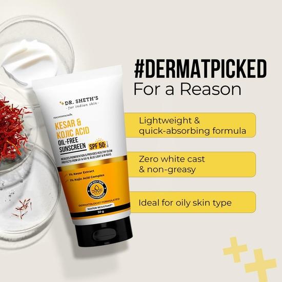 Dr. Sheth's Kesar & Kojic Acid Oil-Free Sunscreen SPF 50+, PA++++ | Reduces Pigmentation & Provides Healthy Glow | No White Cast | 50g