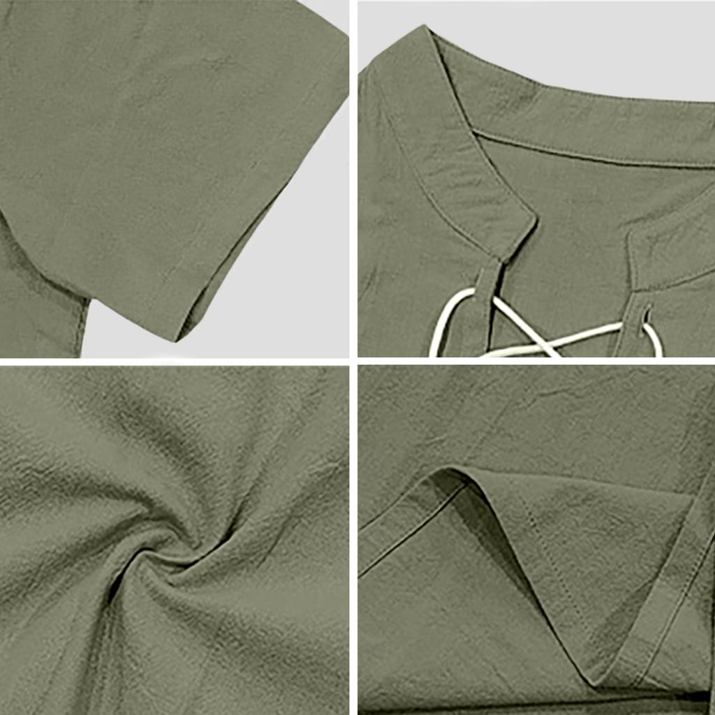 Mens Short Sleeve Lace Up Casual Shirt Lightweight Breathable Fabric V Neck Summer Top Loose Fit Plain Design