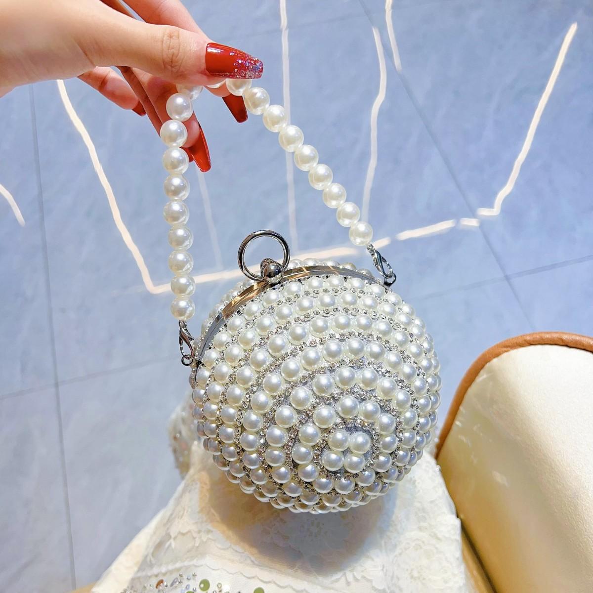 

Round Pearl Clutch Purse Handbag Luxury Elegant Evening Bag Ring Handle For Women Bride Bridesmaid Wedding Party Handbag Purses