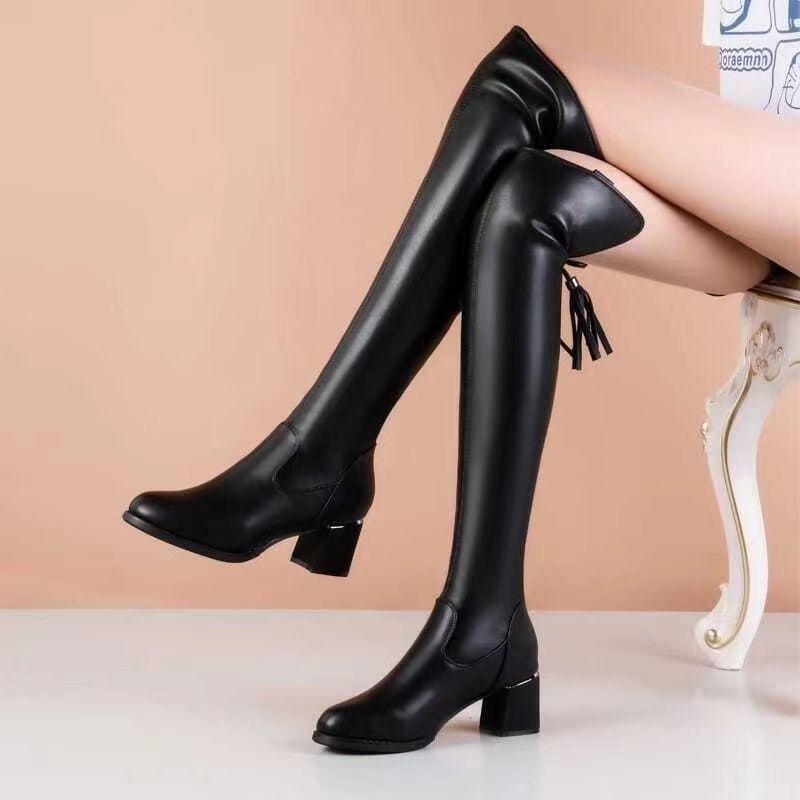 Women's Soft Leather Knee-High Stretch Boots, Fleece-Lined for Autumn/Winter, Fashion Chunky Heel Over-the-Knee Boots
