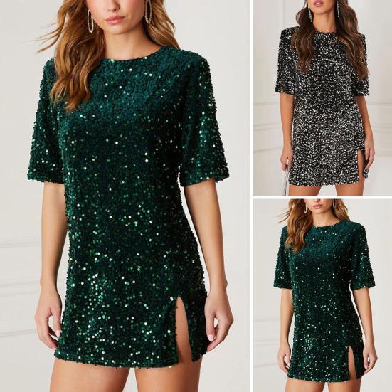 

Женское летнее платье с блестящими пайетками и короткими рукавами с разрезом подол, свободное платье трапециевидной формы с круглым вырезом для выпускного вечера, женское короткое платье
