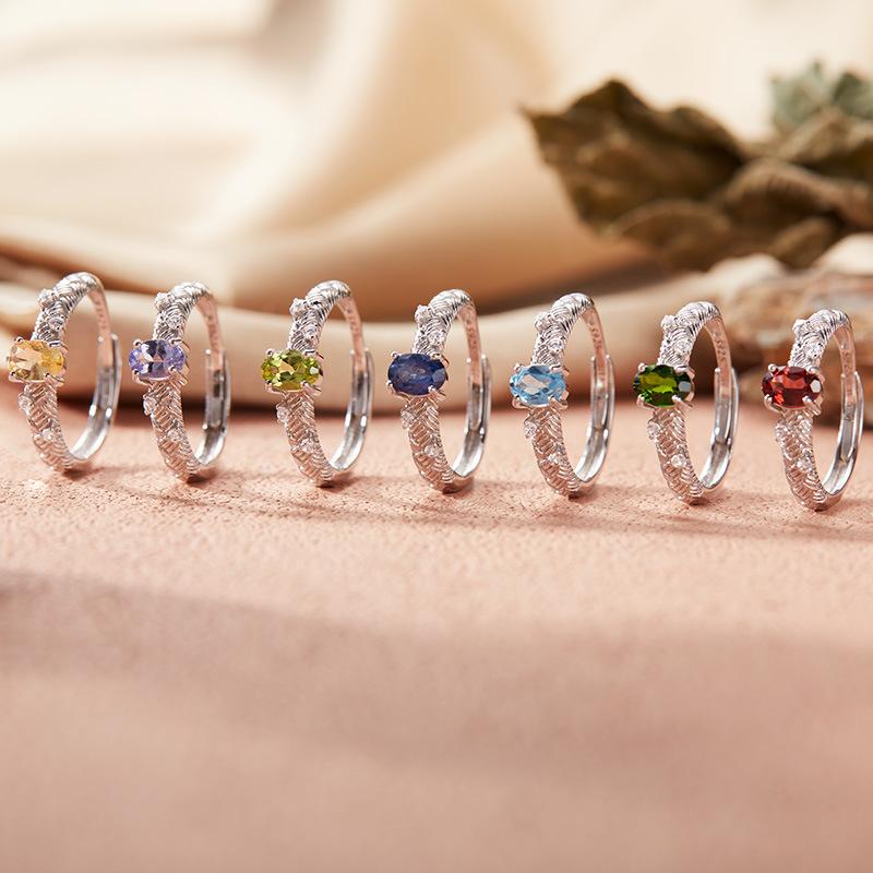 Simple S925 Sterling Silver Set With Natural Sapphire Topaz Tanzanian Diopside Colored Treasure Ring Female Index Finger Ring