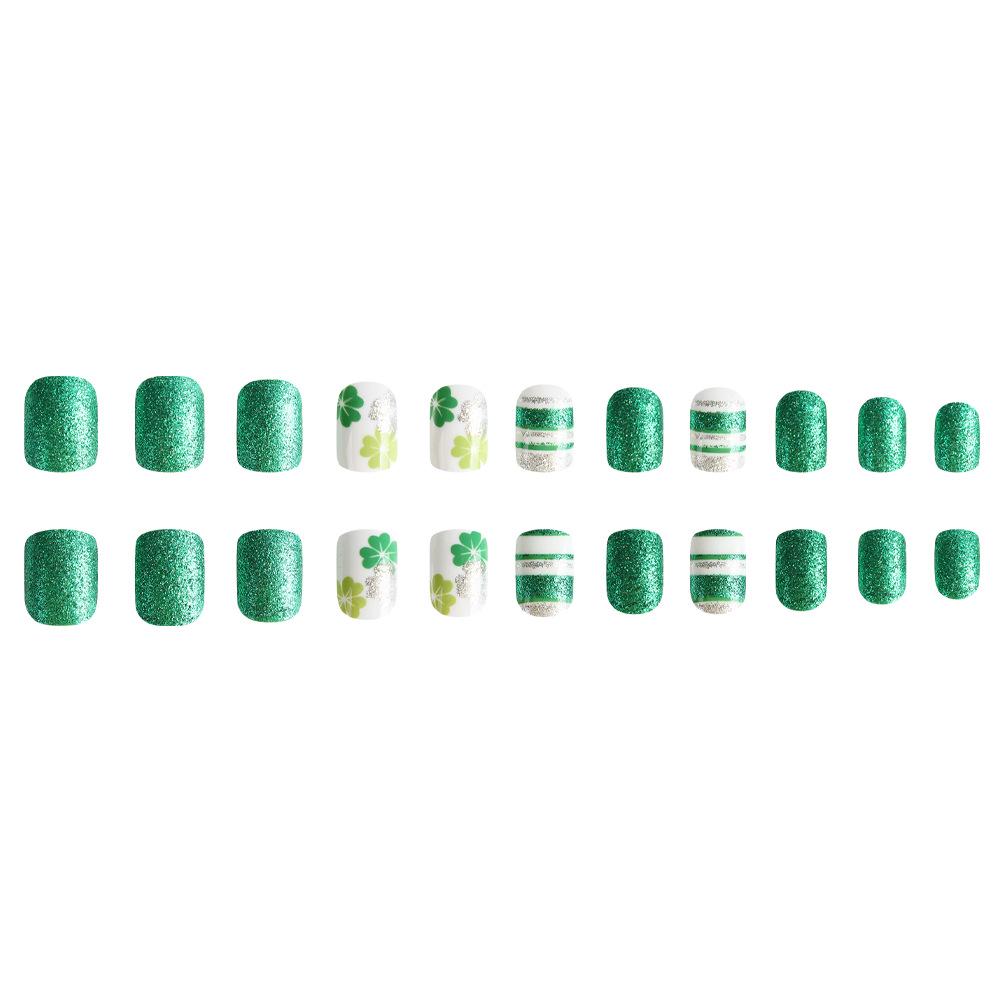 St. Patrick's Four-Leaf Clover Blinking Green Wearable Nails Set - 24 Detachable Pieces