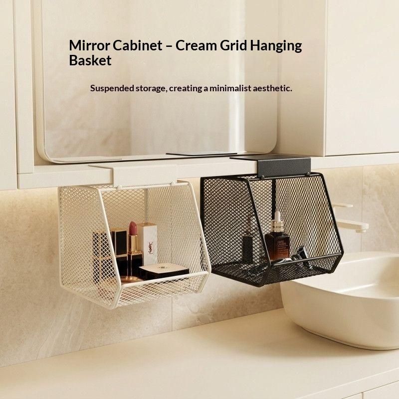 Under Sink Storage Basket Metal Mesh Hanging Basket Drill Free Rust Proof Drainage Bathroom Skincare Organizer Space Saving Rack