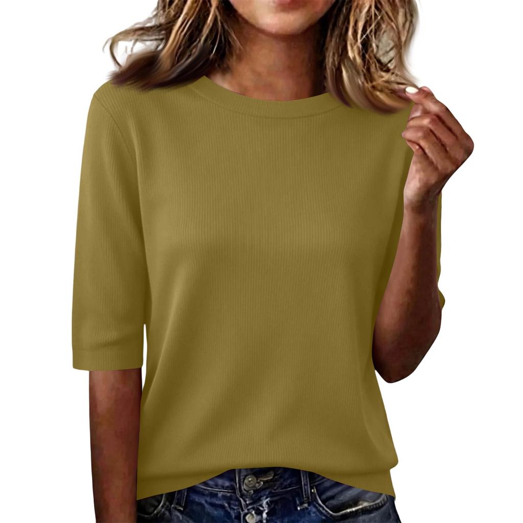 Loose Fit Ribbed Knit Top Women Half Sleeve Pullover Lightweight Summer Casual Round Neck Shirt