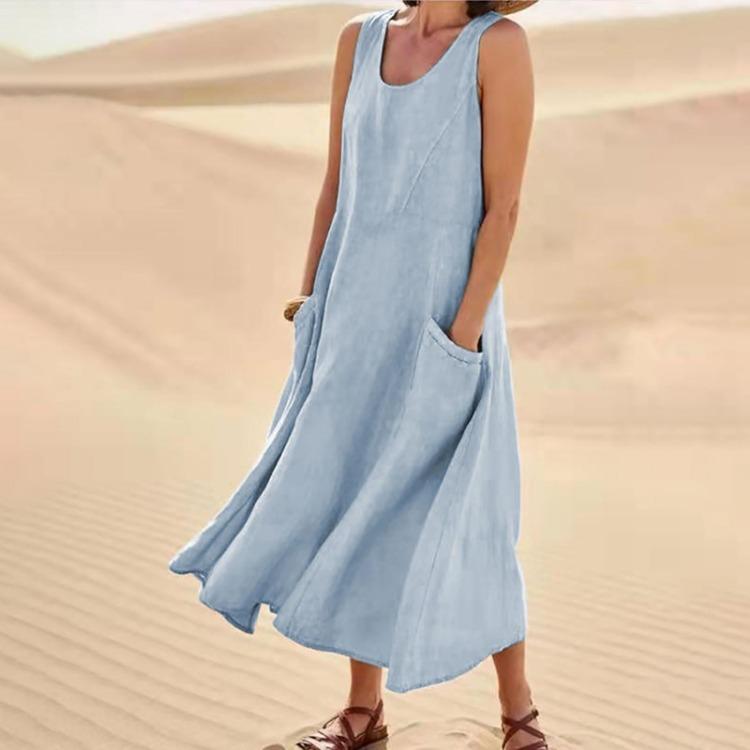 Cotton Linen Blend Summer Sleeveless Pocket Dress European American Style 19 Colors