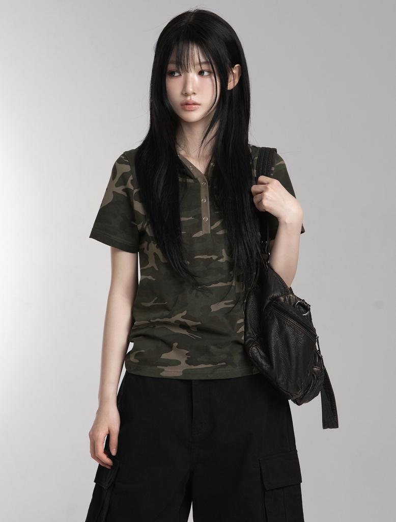 Lupeu Camo Snap Button Slim Hoodie Short Sleeve T-Shirt Khaki