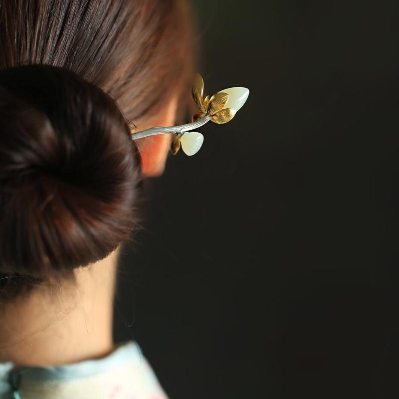 New Natural Hetian Jade Lotus Hairpin Tiara Ladies Hair Jewelry Retro Elegant Chinese Style Hanfu Accessories Wedding Gift