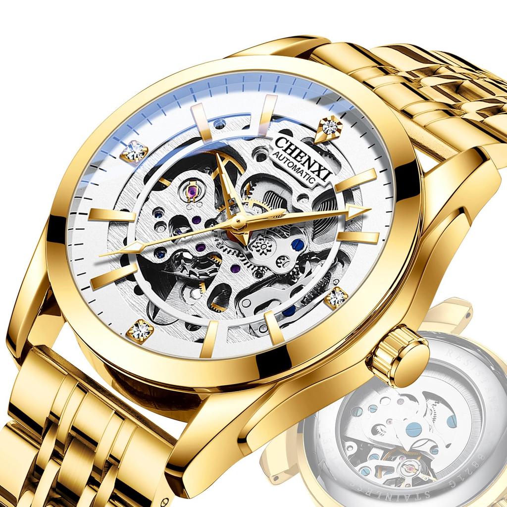 Men's Round Open Heart Stainless Steel Watch Gold white