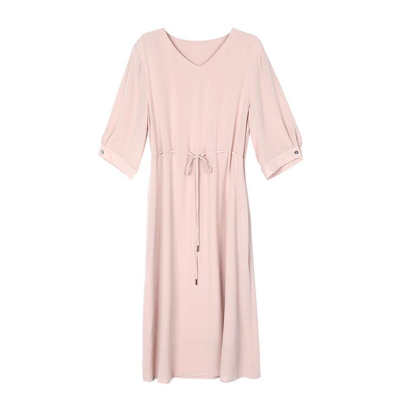 Elegant Plus Size V-Neck Mulberry Silk Dress - Age-Reducing & Slimming