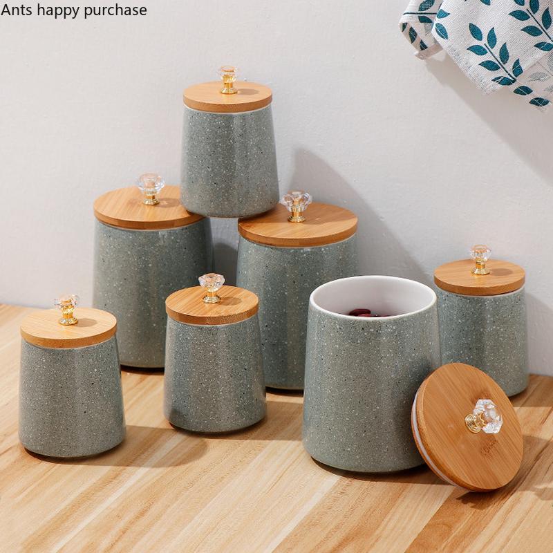 Crystal Handle Wooden Cover Ceramic Airtight Jar Kitchenware Food Container Storage Tank Whole Grains Storage Box Home Organizer