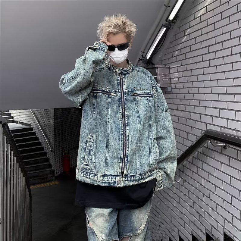 2023 Men's Trendy Vintage Denim Jacket: High Street Short Design, Stand Collar, Zipper, and Shoulder Pads for Autumn