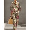 European and American Vintage Heavy Industry Floral Print Two-piece Set: Stand-collar Polo Shirt + Wide-leg Pants Loose Casual Vacation Set
