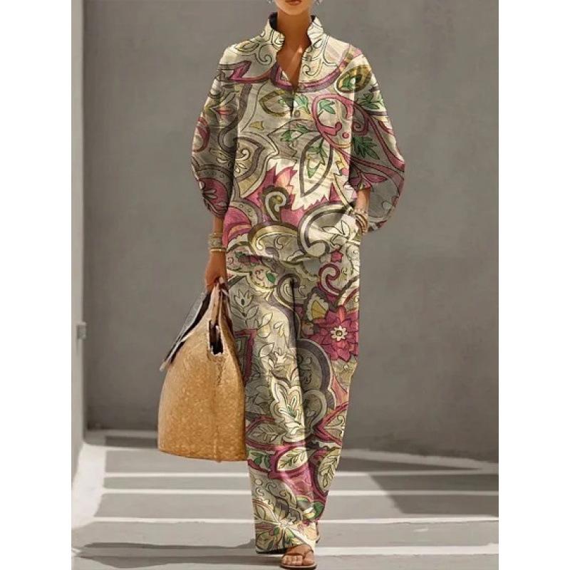 European and American Vintage Heavy Industry Floral Print Two-piece Set: Stand-collar Polo Shirt + Wide-leg Pants Loose Casual Vacation Set